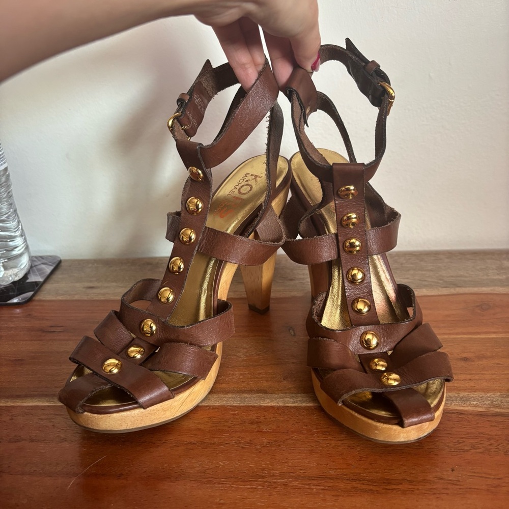 Michael Kors Carla Gladiator Wood Platform Heels Y2K Size 8